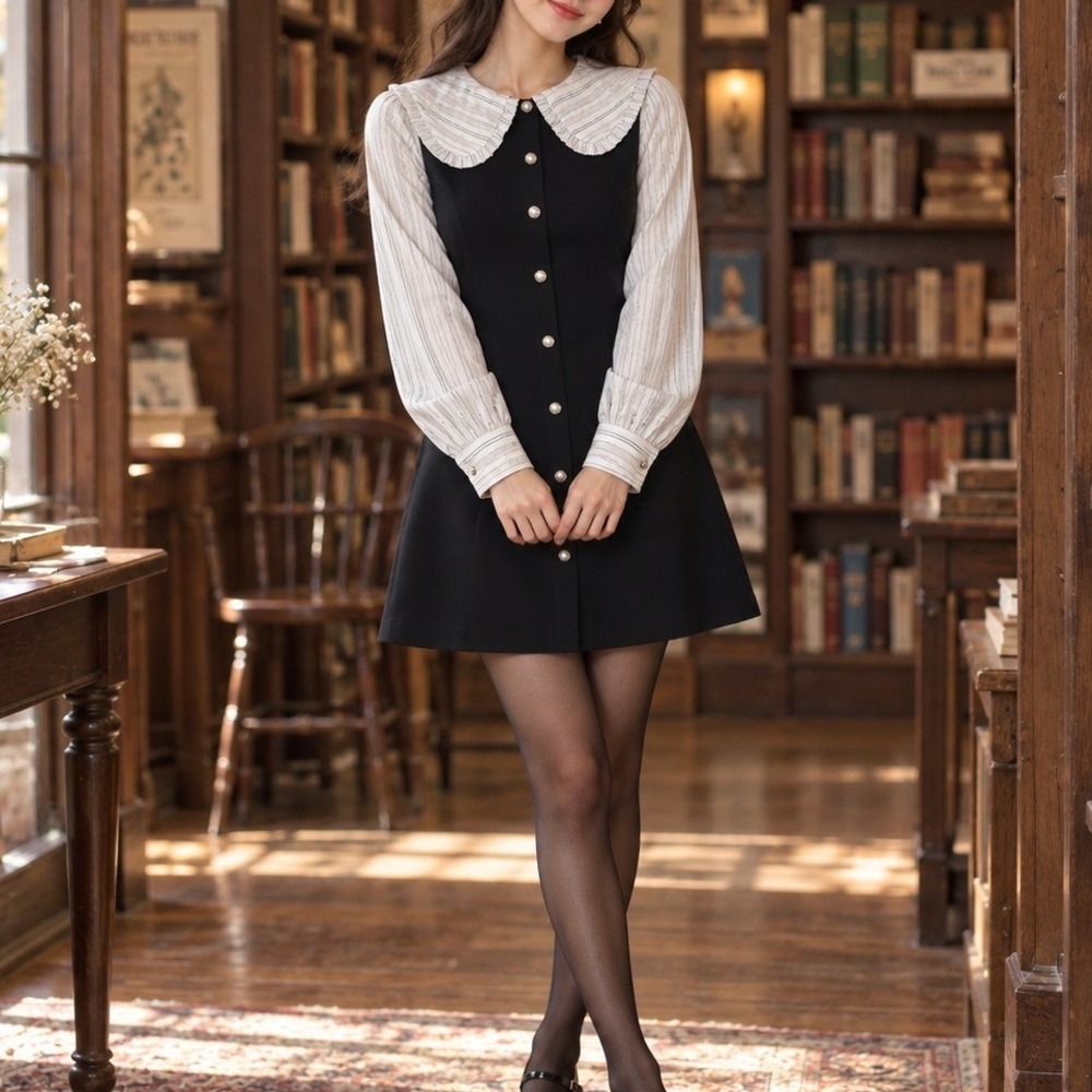 Hotwind Black Peter Pan Collar Pearl Button Mini Dress S Coquette Dark Academia